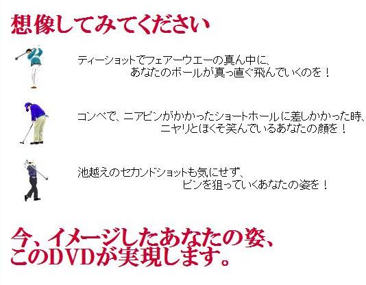 “想像してみてください。ティーショットでフェアーウエーの真ん中に、あなたのボールが真っ直ぐ飛んでいくのを！ コンペで、ニアピンがかかったショートホールに差しかかった時、ニヤリとほくそ笑んでいるあなたの顔を！ 池越えのセカンドショットも気にせず、ピンを狙っていくあなたの姿を！ このDVDが実現します。