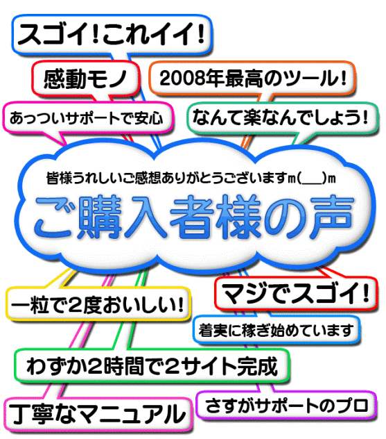 「やっぱり携帯アフィリ、イケるかも！」「スゴイ！これイイ！」サポートサイトのレスポンスも早く、とても丁寧に対応していただけました。「この値段は安すぎる！」ツインビルダーは携帯市場への参入壁を見事に打ち破ってくれるツール