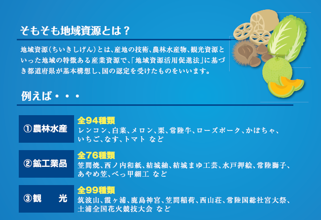 茨城県指定の地域資源は農林水産・鉱工業品・観光の3種類に分かれていて、全部で269種類あります。